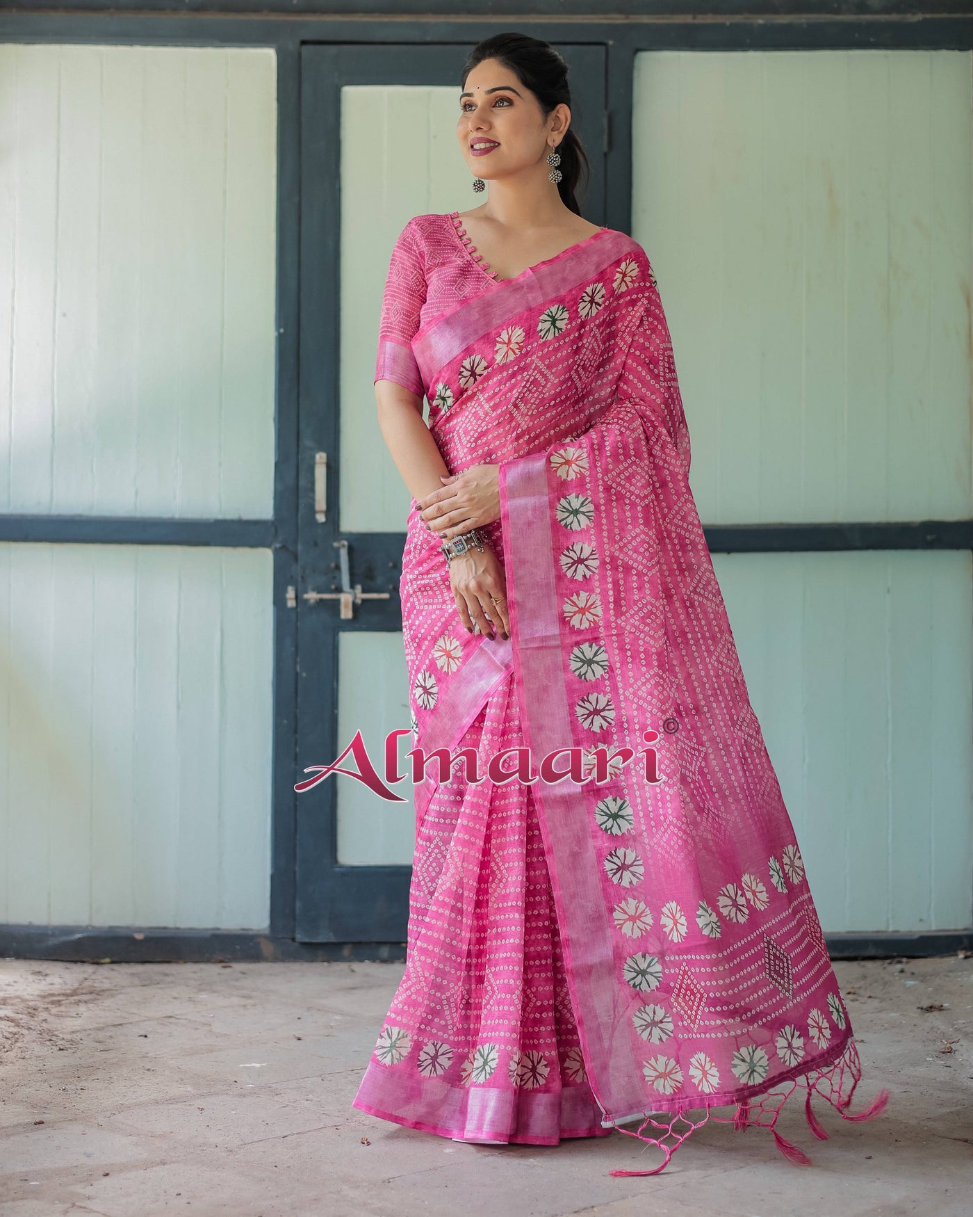 Fuchsia Pink Handcrafted Cotton Linen Saree with Geometric Print and Tassels