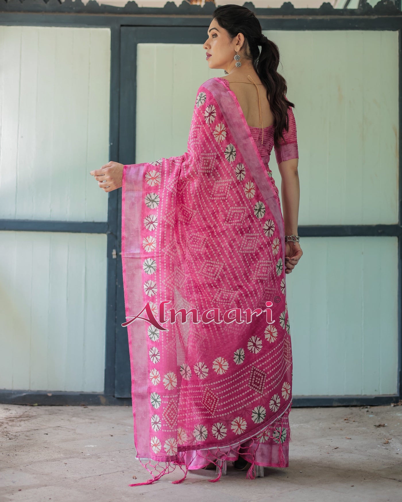 Fuchsia Pink Handcrafted Cotton Linen Saree with Geometric Print and Tassels