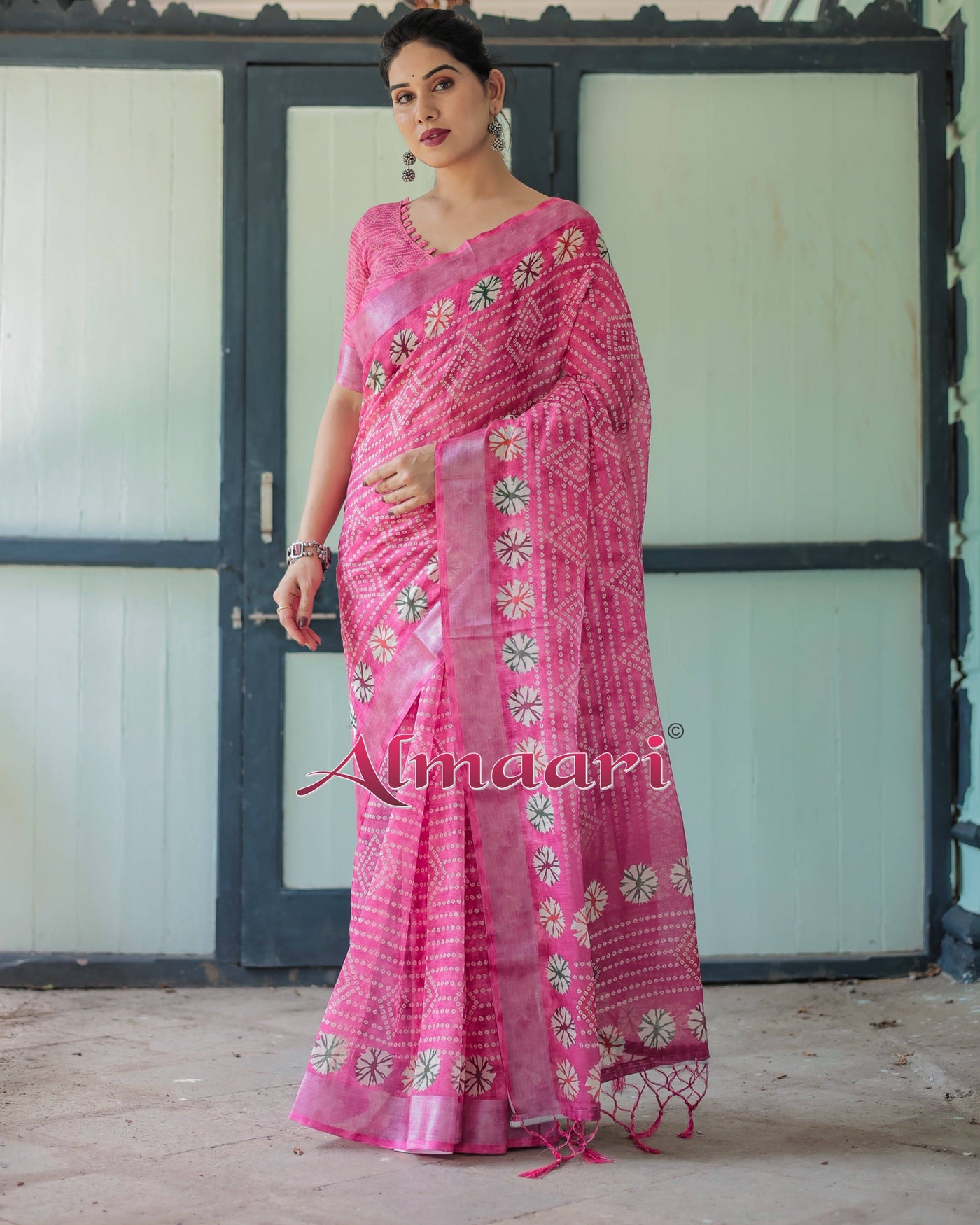 Fuchsia Pink Handcrafted Cotton Linen Saree with Geometric Print and Tassels