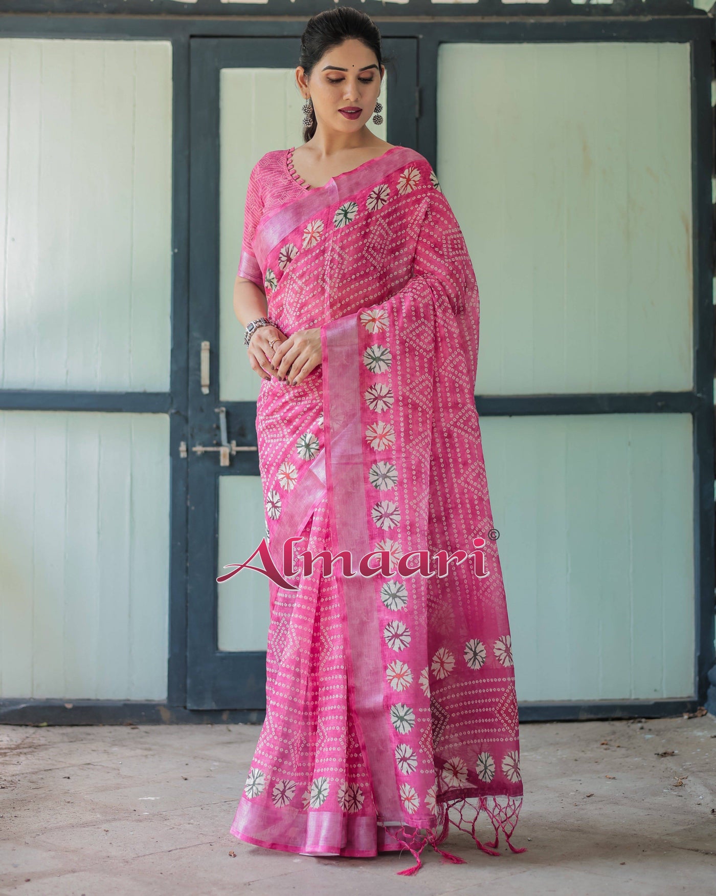 Fuchsia Pink Handcrafted Cotton Linen Saree with Geometric Print and Tassels