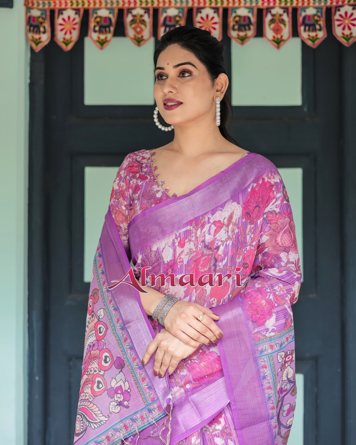 Purple and Pink Floral Printed Pure Cotton Linen Saree with Blouse and Tassels