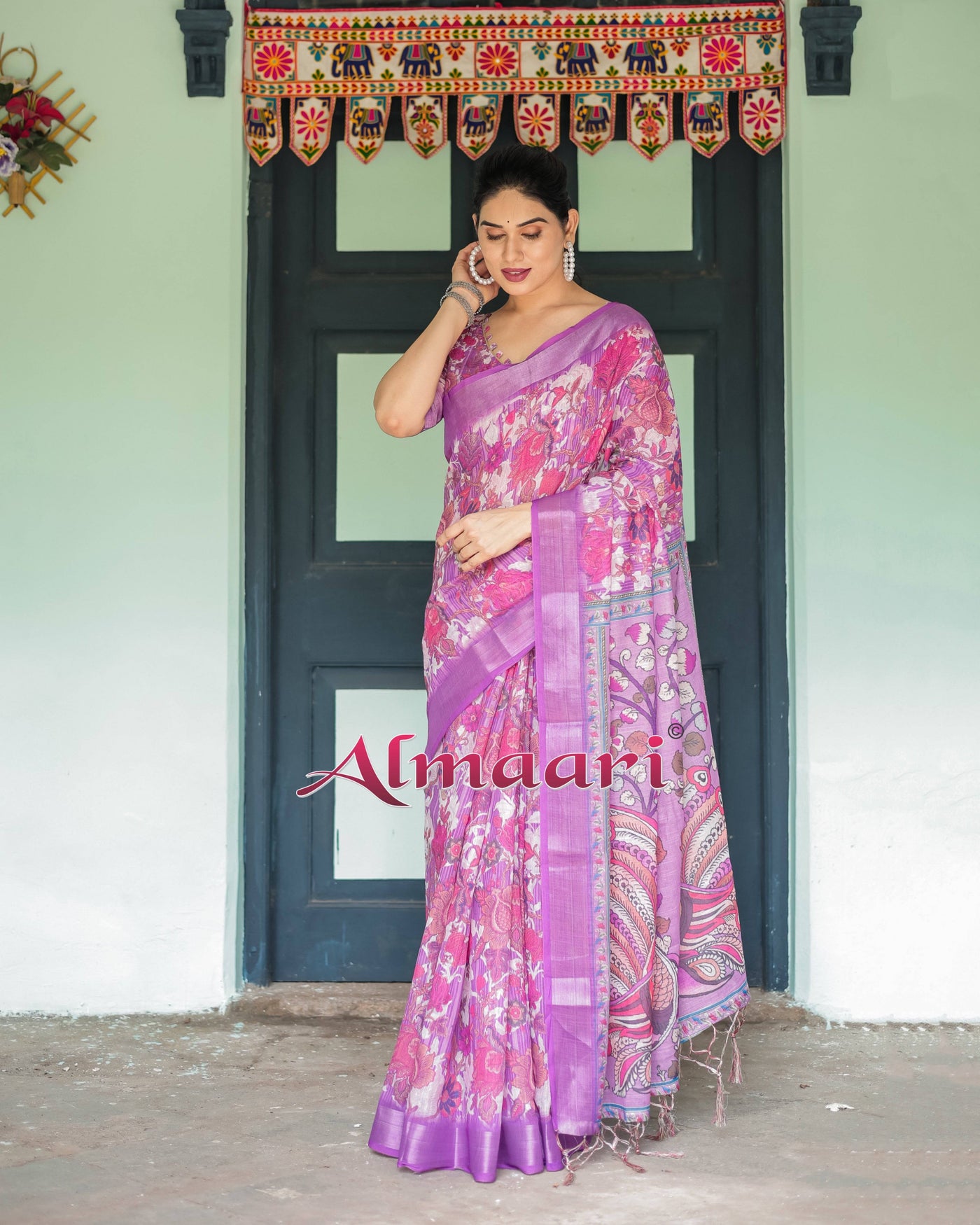 Purple and Pink Floral Printed Pure Cotton Linen Saree with Blouse and Tassels