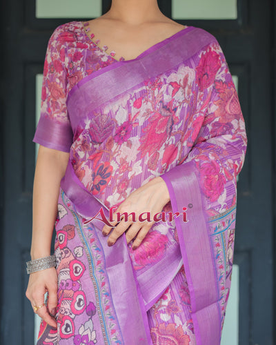 Purple and Pink Floral Printed Pure Cotton Linen Saree with Blouse and Tassels