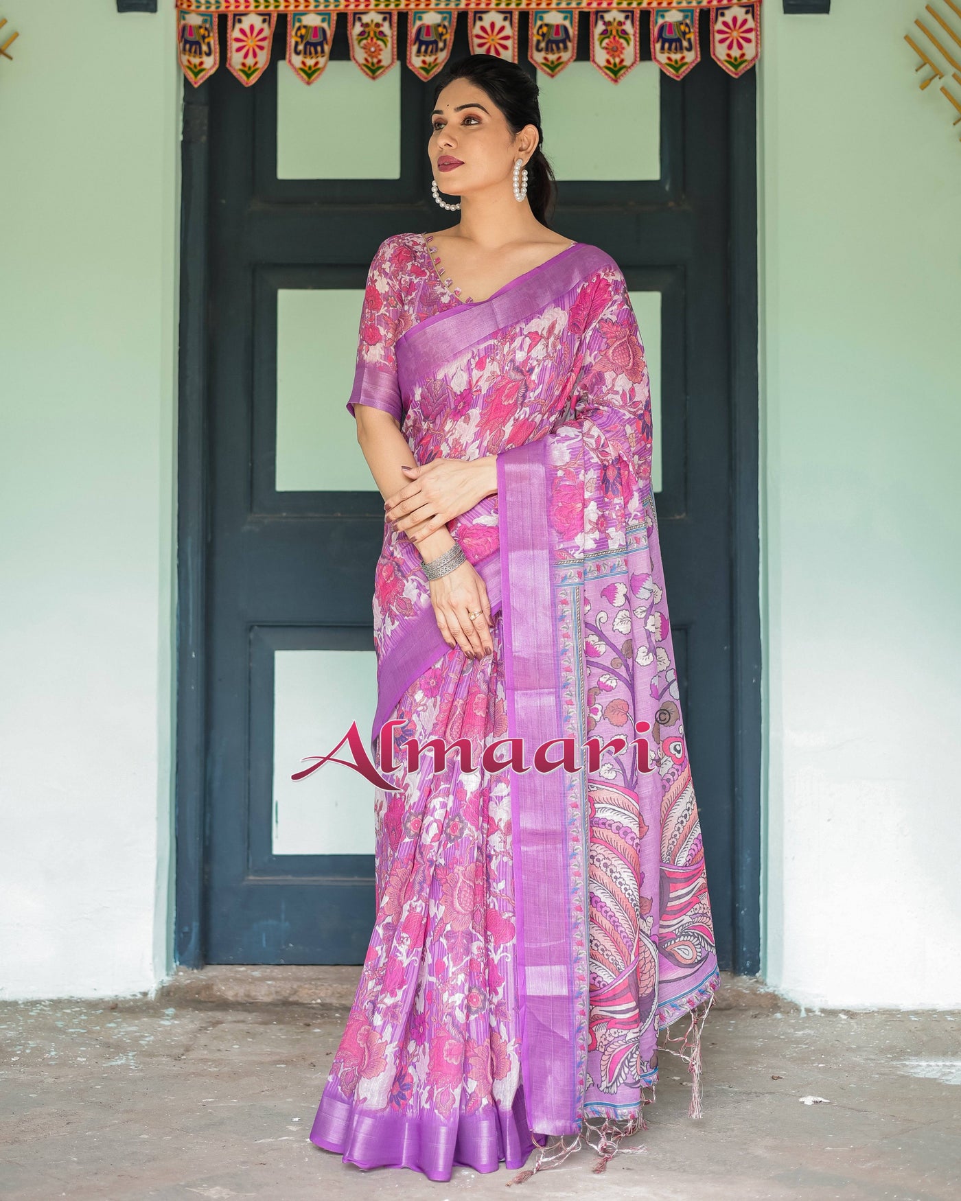 Purple and Pink Floral Printed Pure Cotton Linen Saree with Blouse and Tassels