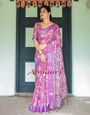 Purple and Pink Floral Printed Pure Cotton Linen Saree with Blouse and Tassels