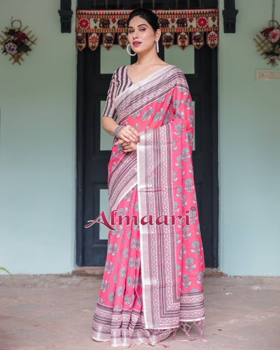 Pink and Beige Floral Printed Pure Cotton Linen Saree with Striped Blouse and Tassels on Edges