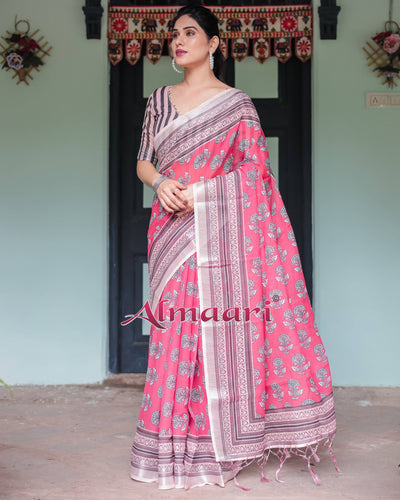 Pink and Beige Floral Printed Pure Cotton Linen Saree with Striped Blouse and Tassels on Edges