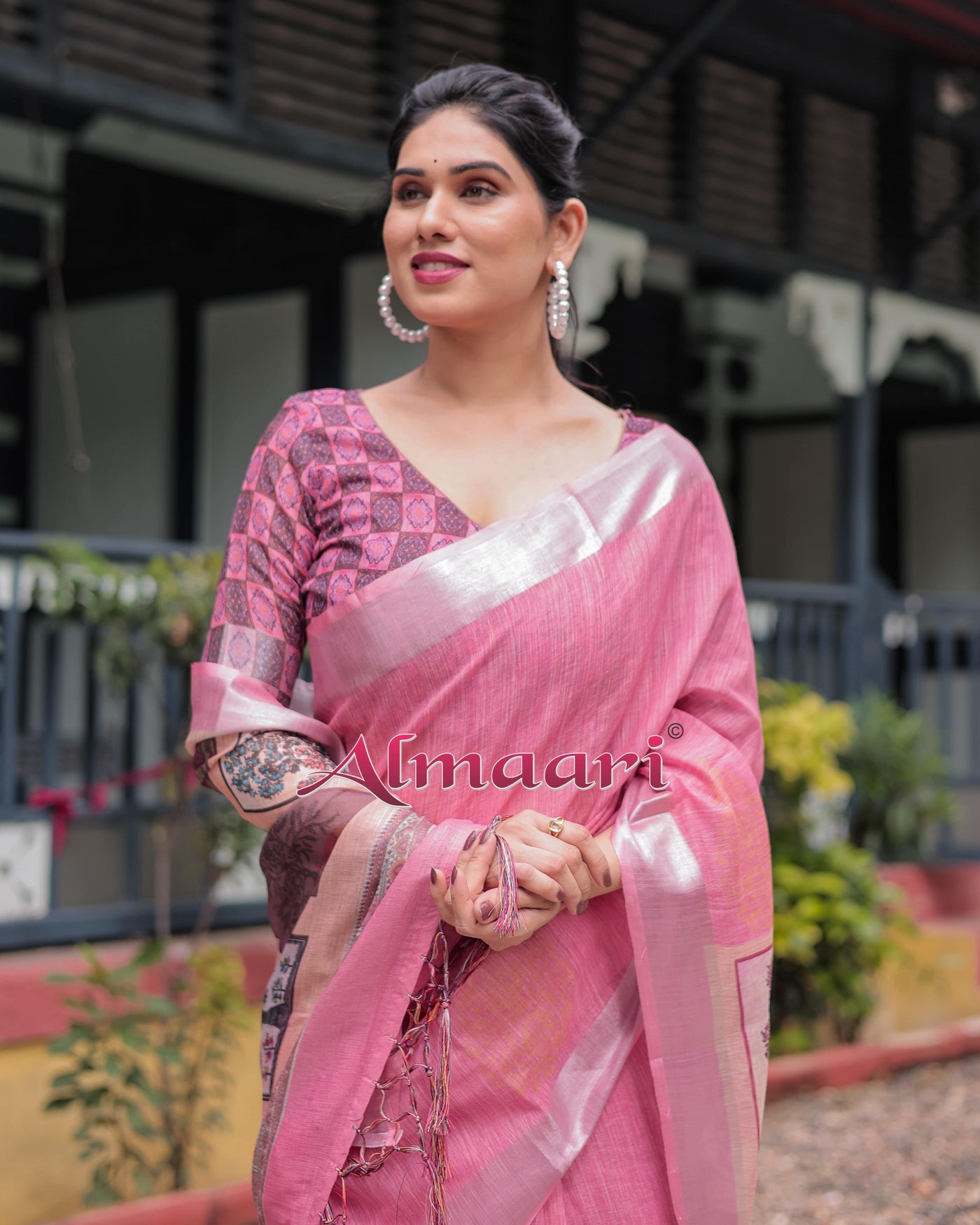 Pink Pure Cotton Linen Saree with Floral and Nature Print, Silver Border & Tassels