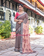 Peach and Black Floral and Geometric Design Pure Cotton Linen Saree with Blouse and Tassels