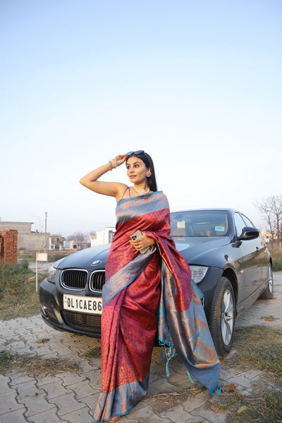 Magenta Pure Kanjivaram Silk Saree With Engrossing Maroon Blouse Piece - Almaari Fashion