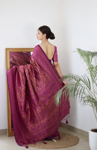 Magenta Pure Kanjivaram Silk Saree With Twirling Blouse Piece - Almaari Fashion