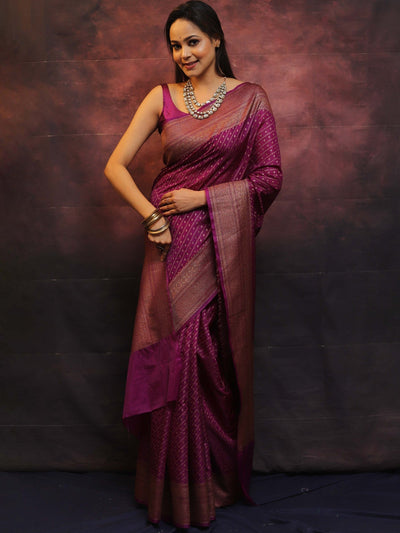 Magenta Pure Kanjivaram Silk Weaved With Copper Zari Comes With Heavy Kanjivaram Brocade Blouse - Almaari Fashion