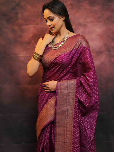 Magenta Pure Kanjivaram Silk Weaved With Copper Zari Comes With Heavy Kanjivaram Brocade Blouse - Almaari Fashion