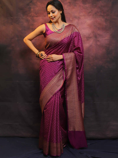 Magenta Pure Kanjivaram Silk Weaved With Copper Zari Comes With Heavy Kanjivaram Brocade Blouse - Almaari Fashion