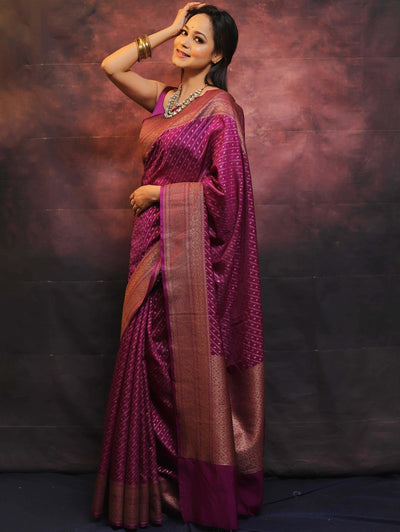 Magenta Pure Kanjivaram Silk Weaved With Copper Zari Comes With Heavy Kanjivaram Brocade Blouse - Almaari Fashion