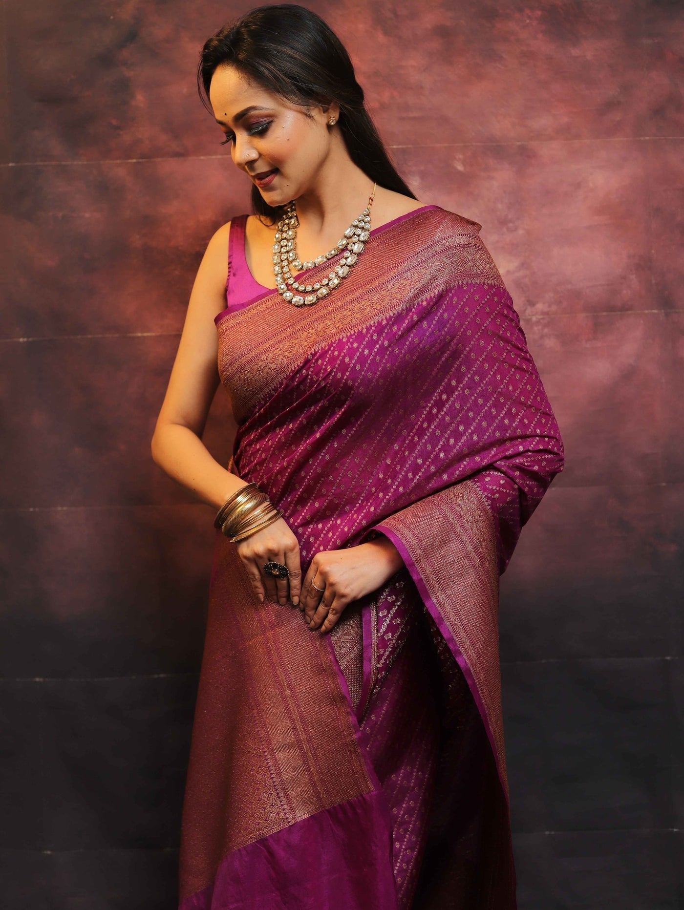 Magenta Pure Kanjivaram Silk Weaved With Copper Zari Comes With Heavy Kanjivaram Brocade Blouse - Almaari Fashion