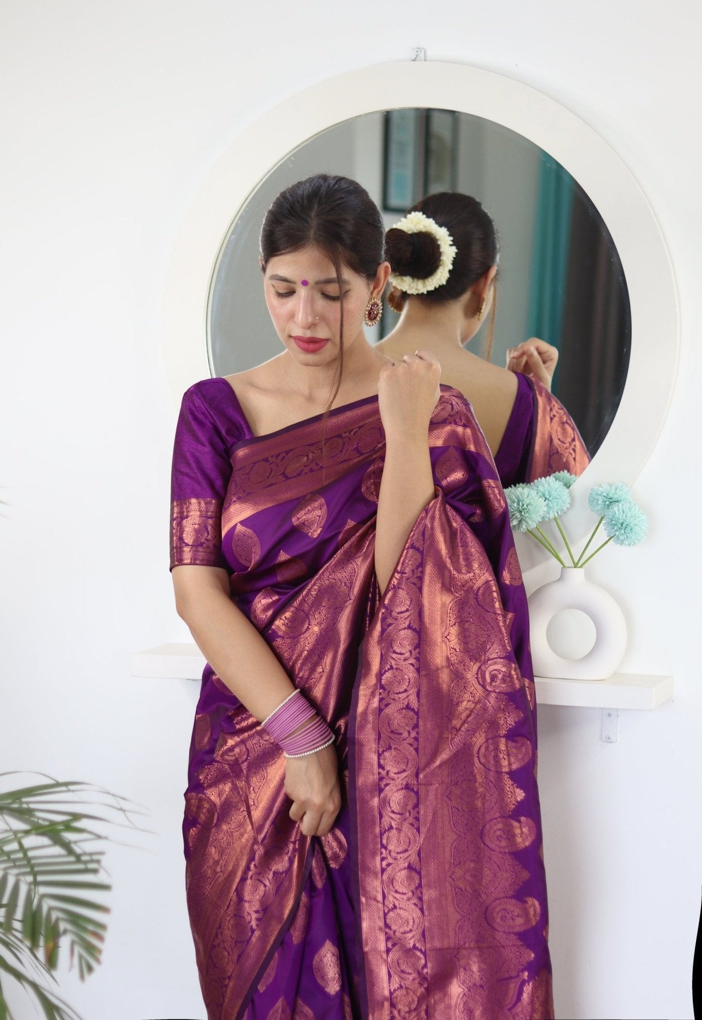 Magenta Pure Satin Silk Saree With Demure Blouse Piece - Almaari Fashion