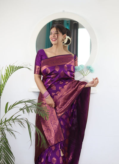 Magenta Pure Satin Silk Saree With Demure Blouse Piece - Almaari Fashion