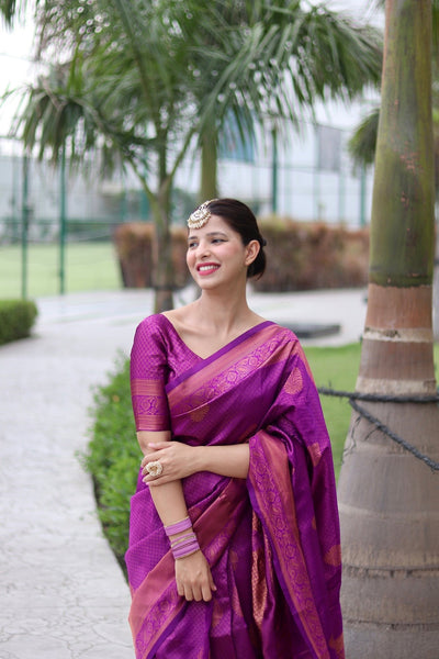 Magenta With Copper Zari Combination Pure Banarasi Silk Saree Stylish Blouse Piece - Almaari Fashion