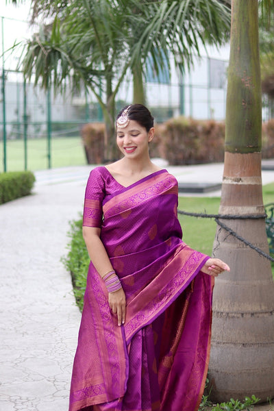 Magenta With Copper Zari Combination Pure Kanjivaram Silk Saree Stylish Blouse Piece - Almaari Fashion