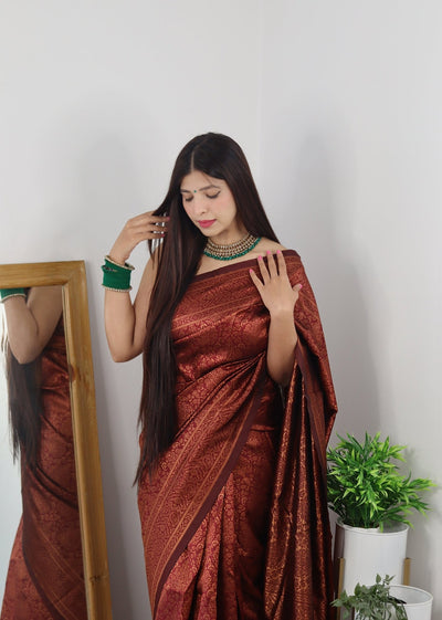 Maroon Pure Banarasi Silk Saree With Tempting Heavy Brocade Blouse Piece - Almaari Fashion