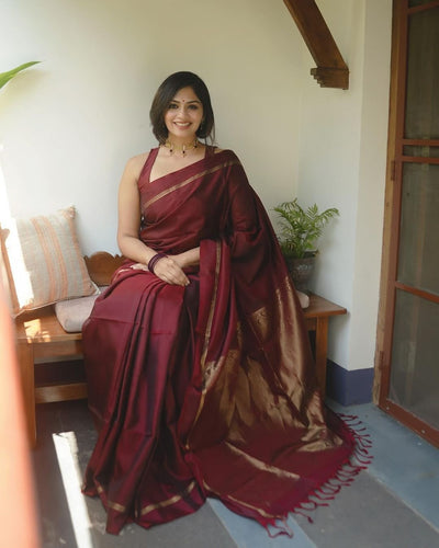 Maroon Pure Banarasi Silk Weaved With Copper Zari Comes With Heavy Banarasi Brocade Blouse - Almaari Fashion