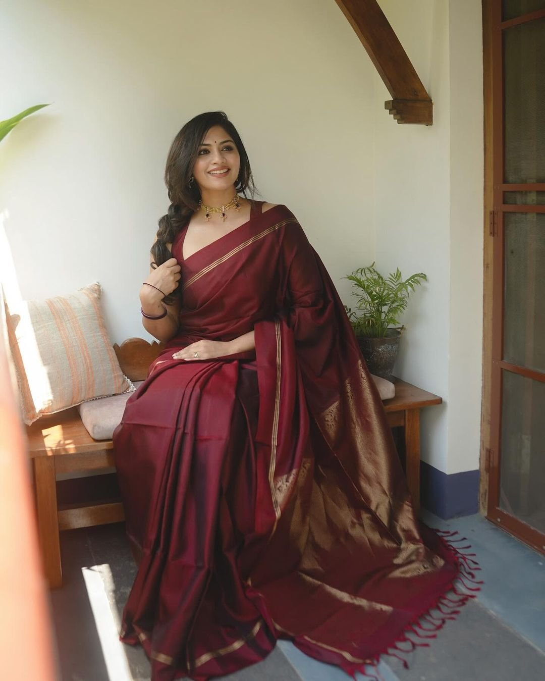 Maroon Pure Banarasi Silk Weaved With Copper Zari Comes With Heavy Banarasi Brocade Blouse - Almaari Fashion