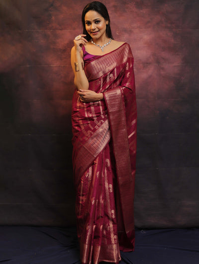 Maroon Pure Banarasi Silk Weaved With Copper Zari Comes With Heavy Banarasi Brocade Blouse - Almaari Fashion