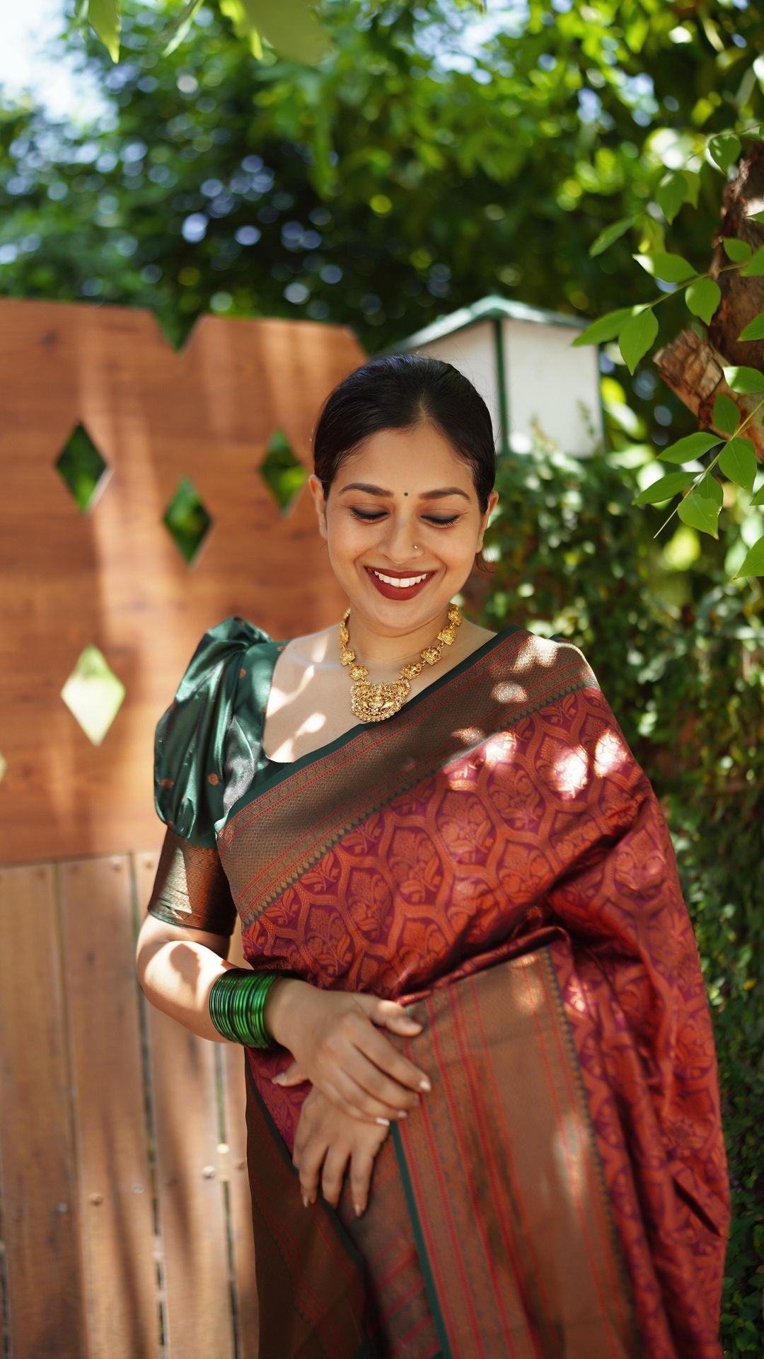 Maroon Pure Banarasi Silk Weaved With Copper Zari Comes With Heavy Banarasi Brocade Blouse - Almaari Fashion