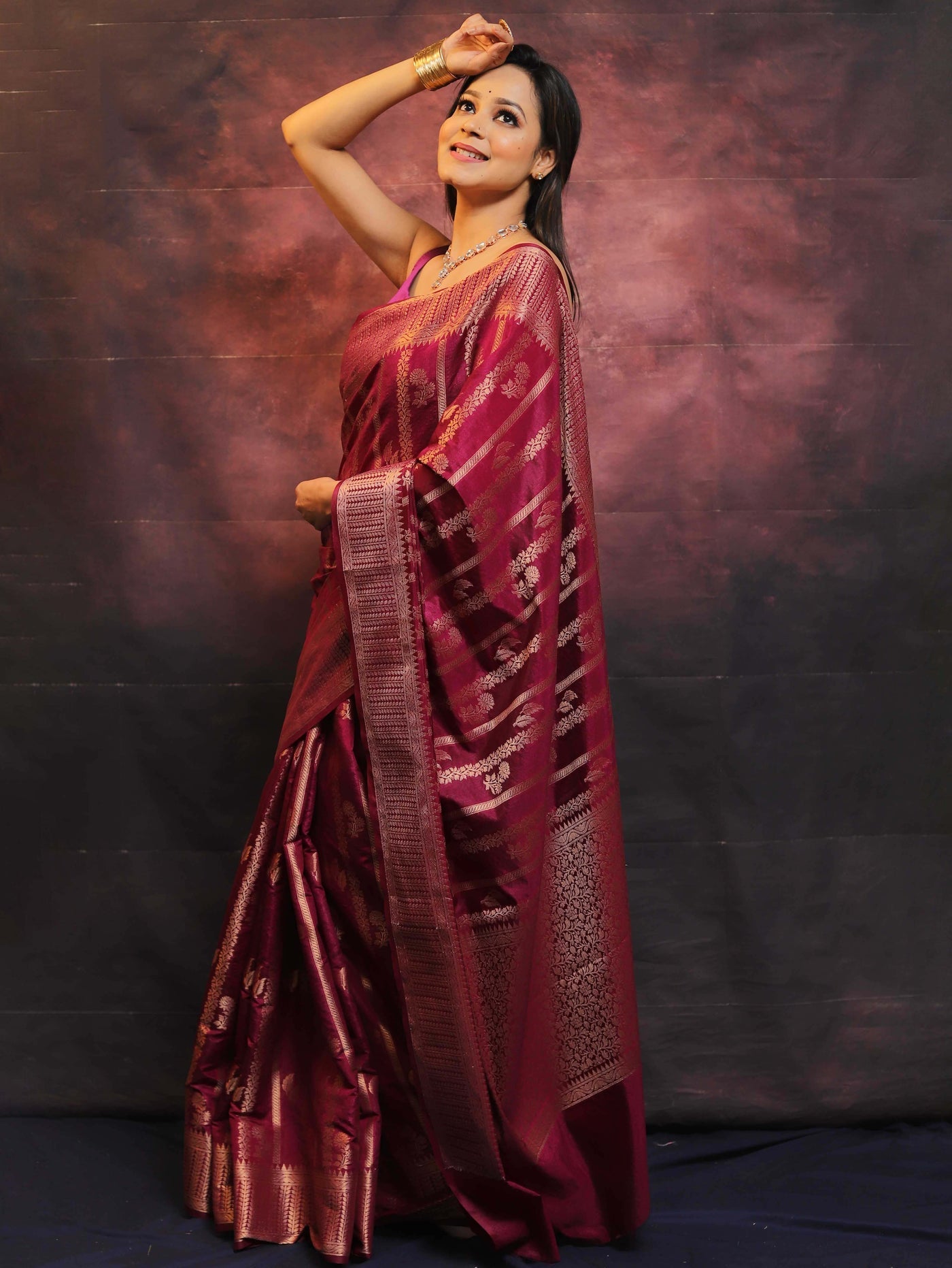 Maroon Pure Banarasi Silk Weaved With Copper Zari Comes With Heavy Banarasi Brocade Blouse - Almaari Fashion