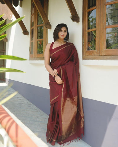 Maroon Pure Banarasi Silk Weaved With Copper Zari Comes With Heavy Banarasi Brocade Blouse - Almaari Fashion