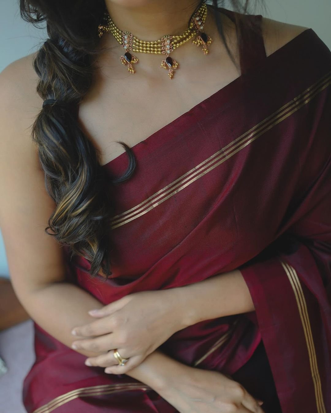 Maroon Pure Banarasi Silk Weaved With Copper Zari Comes With Heavy Banarasi Brocade Blouse - Almaari Fashion