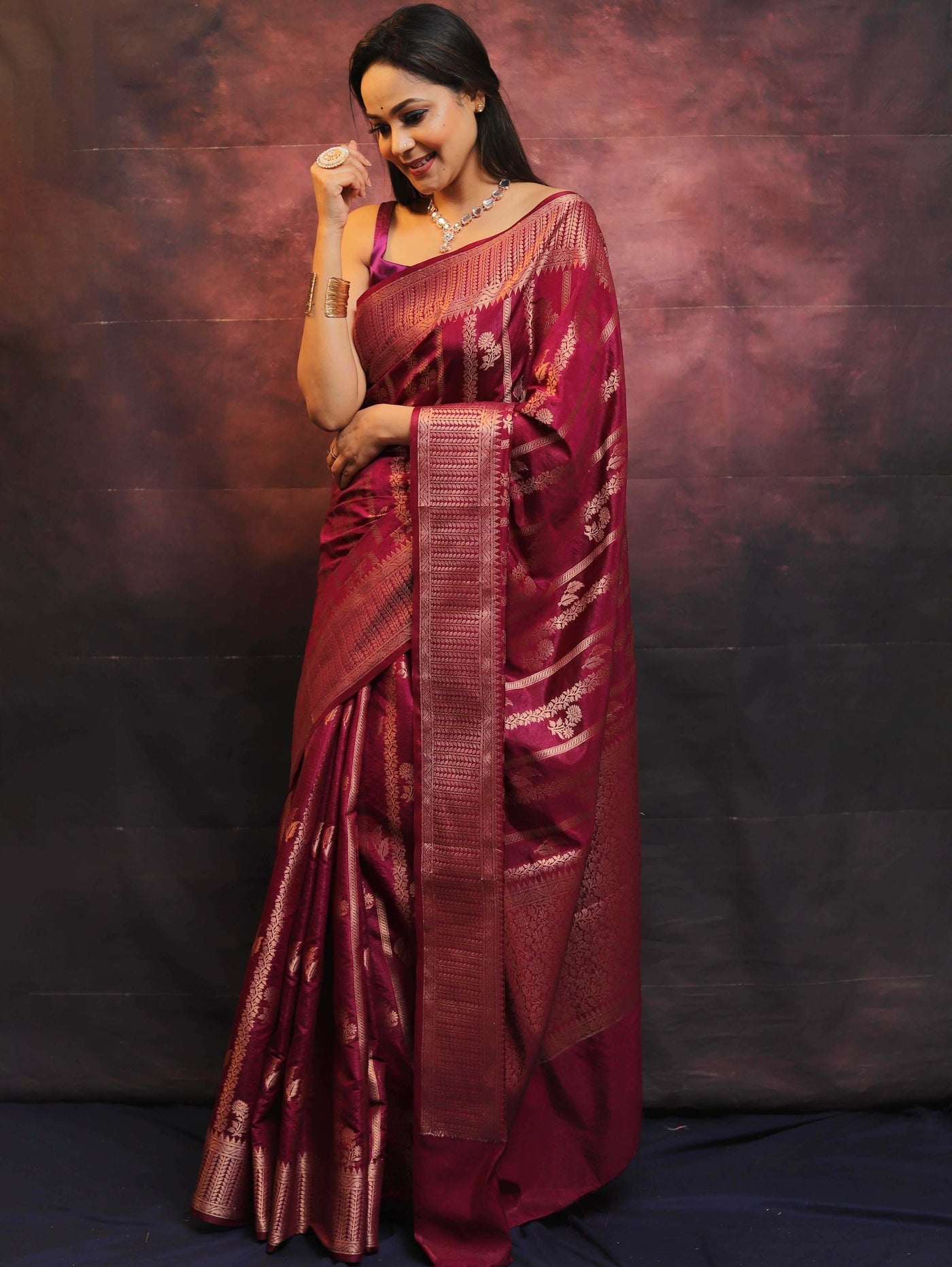 Maroon Pure Banarasi Silk Weaved With Copper Zari Comes With Heavy Banarasi Brocade Blouse - Almaari Fashion