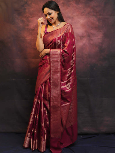 Maroon Pure Banarasi Silk Weaved With Copper Zari Comes With Heavy Banarasi Brocade Blouse - Almaari Fashion