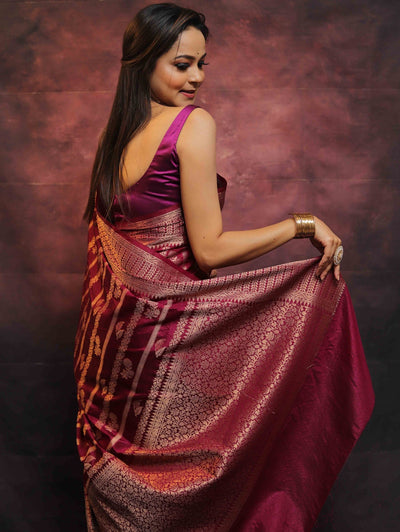 Maroon Pure Banarasi Silk Weaved With Copper Zari Comes With Heavy Banarasi Brocade Blouse - Almaari Fashion