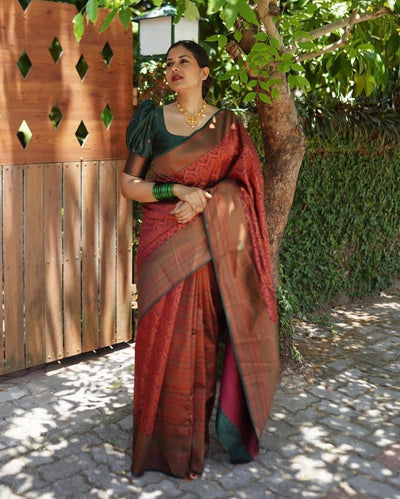 Maroon Pure Banarasi Silk Weaved With Copper Zari Comes With Heavy Banarasi Brocade Blouse - Almaari Fashion