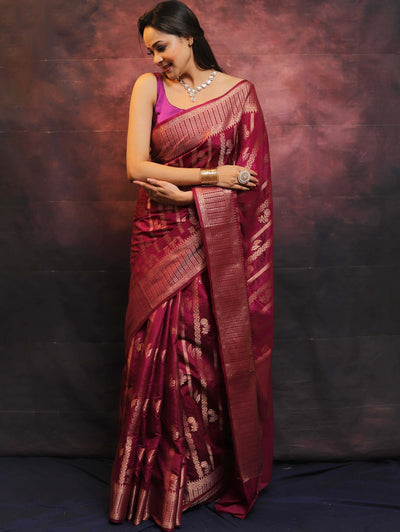 Maroon Pure Banarasi Silk Weaved With Copper Zari Comes With Heavy Banarasi Brocade Blouse - Almaari Fashion