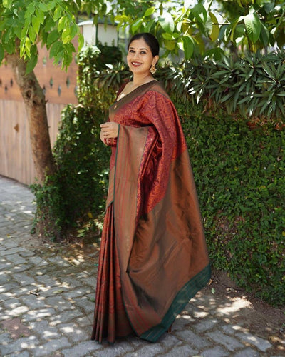 Maroon Pure Banarasi Silk Weaved With Copper Zari Comes With Heavy Banarasi Brocade Blouse - Almaari Fashion