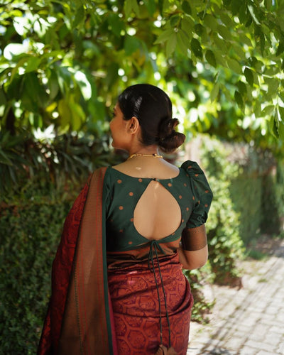 Maroon Pure Banarasi Silk Weaved With Copper Zari Comes With Heavy Banarasi Brocade Blouse - Almaari Fashion