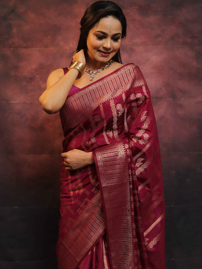 Maroon Pure Banarasi Silk Weaved With Copper Zari Comes With Heavy Banarasi Brocade Blouse - Almaari Fashion