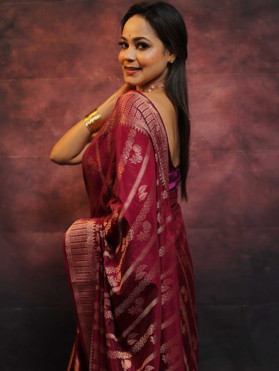 Maroon Pure Banarasi Silk Weaved With Copper Zari Comes With Heavy Banarasi Brocade Blouse - Almaari Fashion