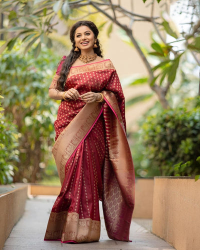 Maroon Pure Kanjivaram Silk Saree With Attractive Blouse Piece Weaved With Copper Zari - Almaari Fashion