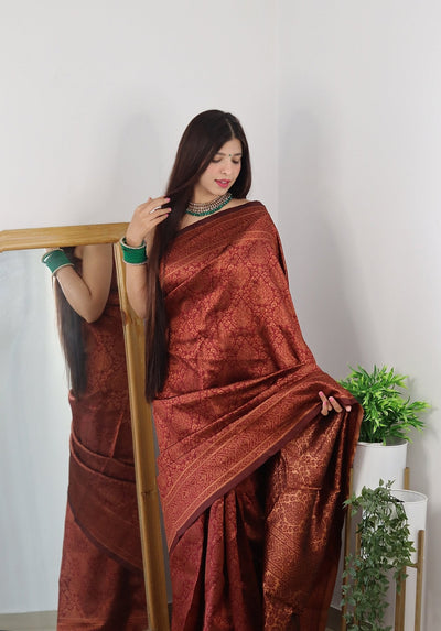 Maroon Pure Kanjivaram Silk Saree With Tempting Heavy Brocade Blouse Piece - Almaari Fashion