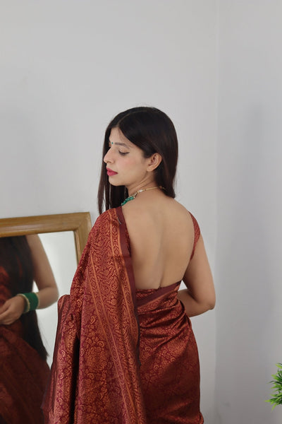 Maroon Pure Kanjivaram Silk Saree With Tempting Heavy Brocade Blouse Piece - Almaari Fashion