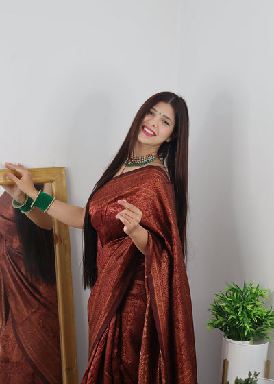 Maroon Pure Kanjivaram Silk Saree With Tempting Heavy Brocade Blouse Piece - Almaari Fashion