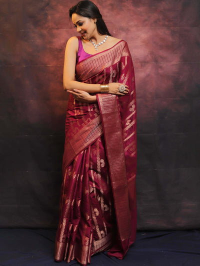 Maroon Pure Kanjivaram Silk Weaved With Copper Zari Comes With Heavy Kanjivaram Brocade Blouse - Almaari Fashion