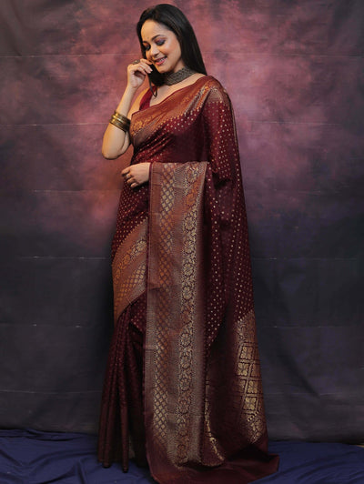 Maroon Pure Kanjivaram Silk Weaved With Copper Zari Comes With Heavy Kanjivaram Brocade Blouse - Almaari Fashion