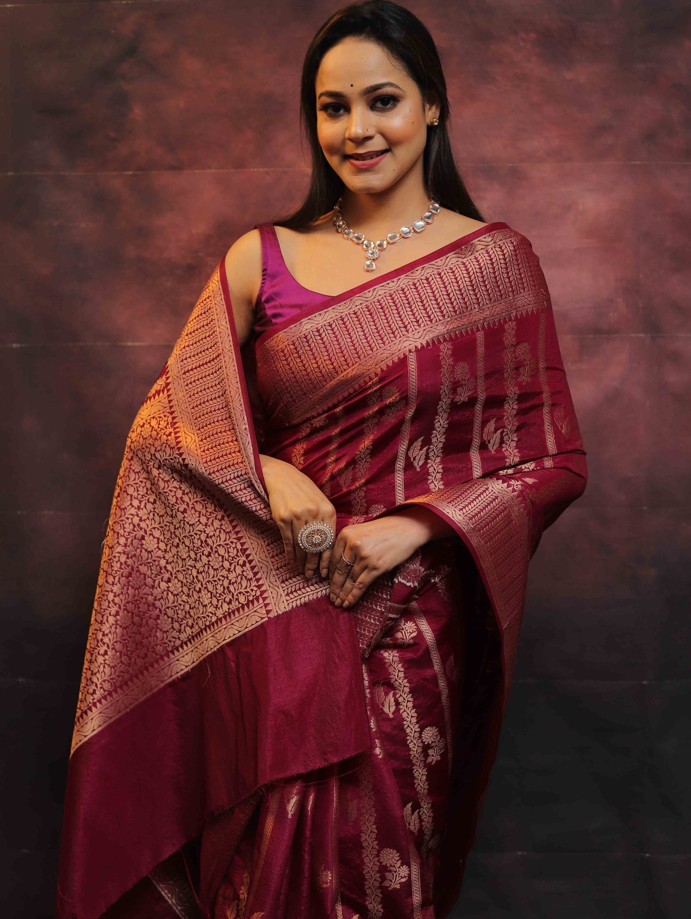 Maroon Pure Kanjivaram Silk Weaved With Copper Zari Comes With Heavy Kanjivaram Brocade Blouse - Almaari Fashion