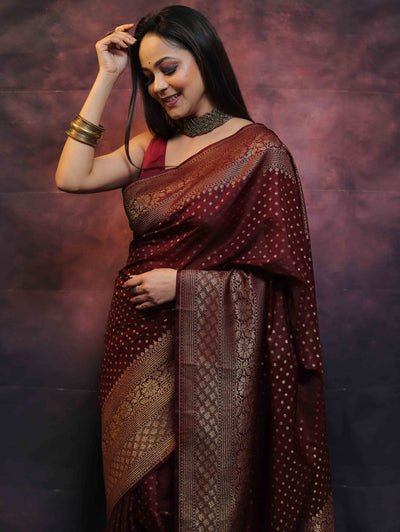 Maroon Pure Kanjivaram Silk Weaved With Copper Zari Comes With Heavy Kanjivaram Brocade Blouse - Almaari Fashion