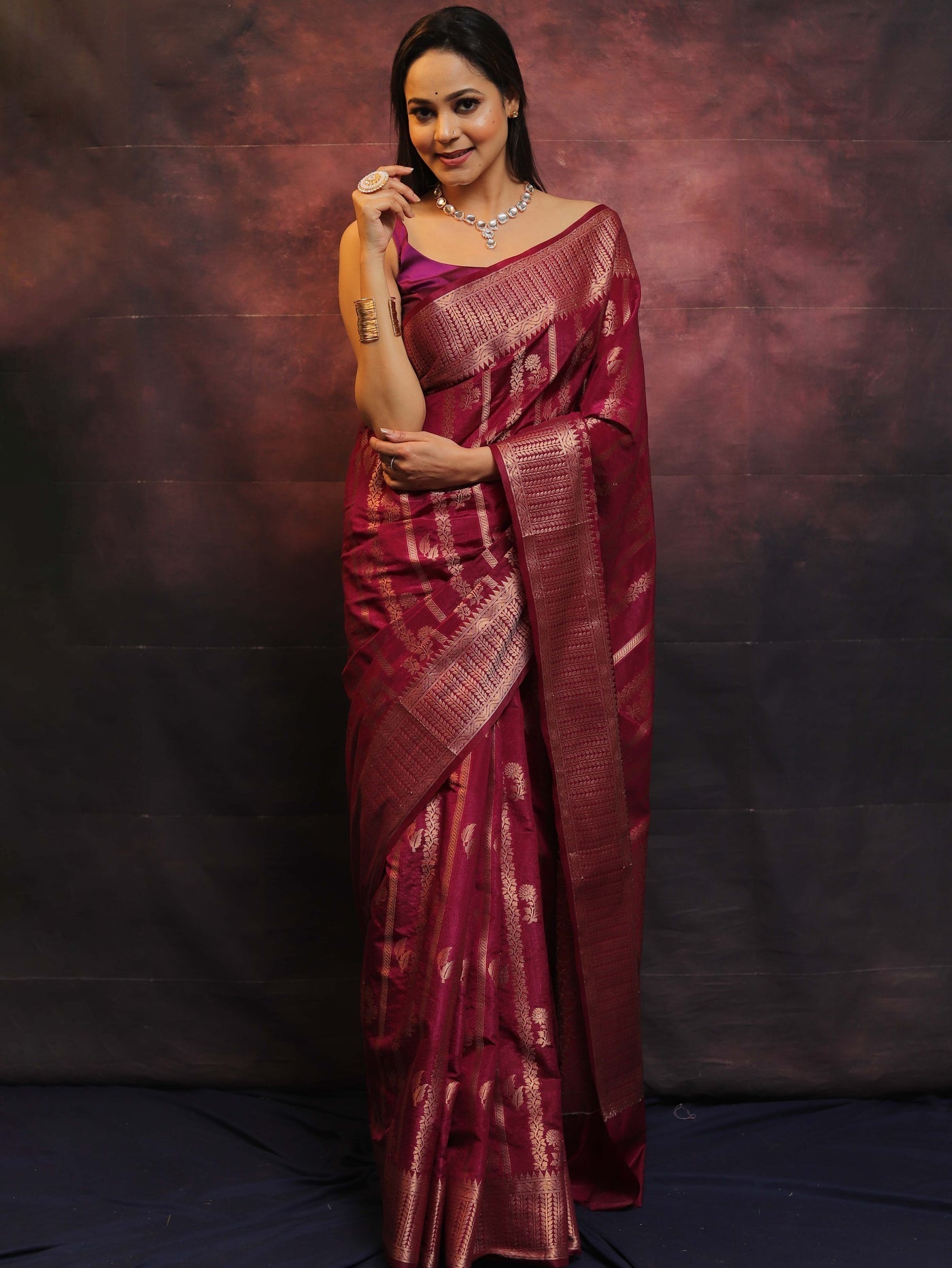 Maroon Pure Kanjivaram Silk Weaved With Copper Zari Comes With Heavy Kanjivaram Brocade Blouse - Almaari Fashion